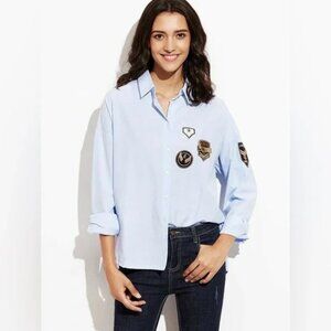 WHITE House Black Market Pinpoint Patch Shirt Blue Small Button Down